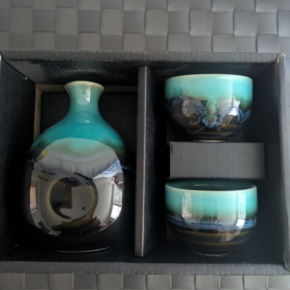Glazed Ceramic Sake Set in Turquoise and Black